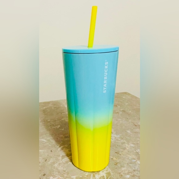 Starbucks Ombre Scalloped Stainless Tumbler Yellow Blue Steel Cup 24oz NWT 2021 - Picture 11 of 11